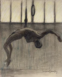 Ringgymnast, 1911 (blyant og farvekridt på papir lagt på forgyldt kantkort)